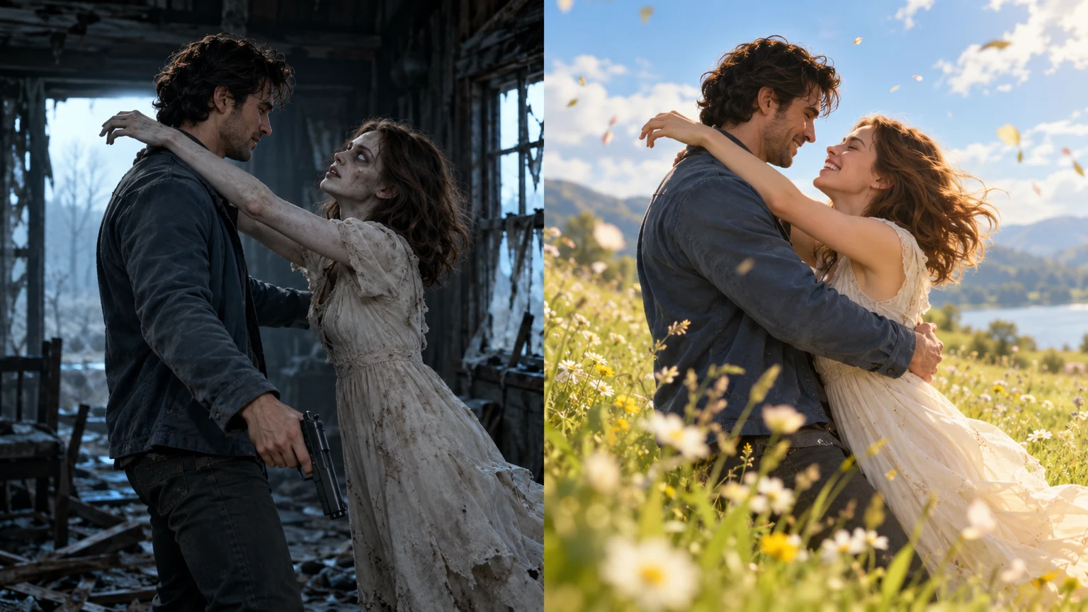The couple’s embrace matches across a ruined cabin and sunlit meadow